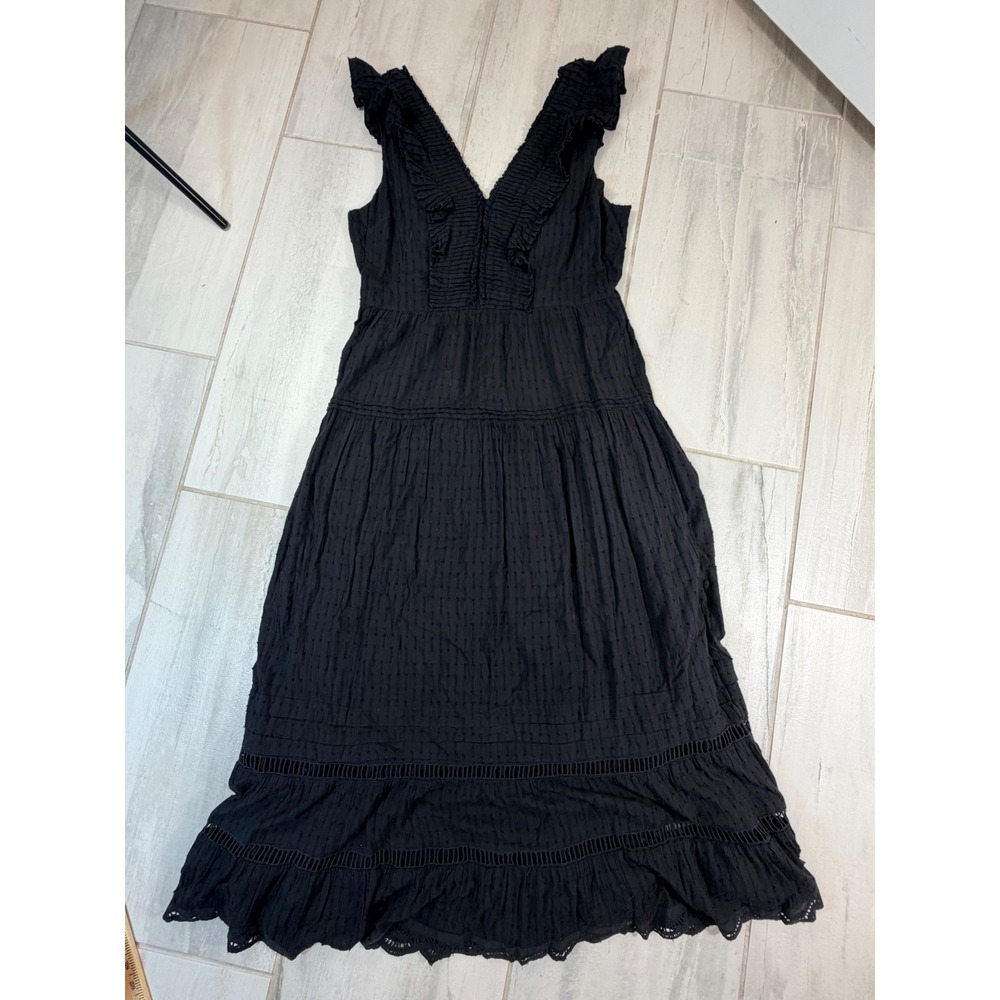 Btb Los Angeles Black Cotton Swiss Dot Tiered Ruffle V-Neck Maxi Dress Large